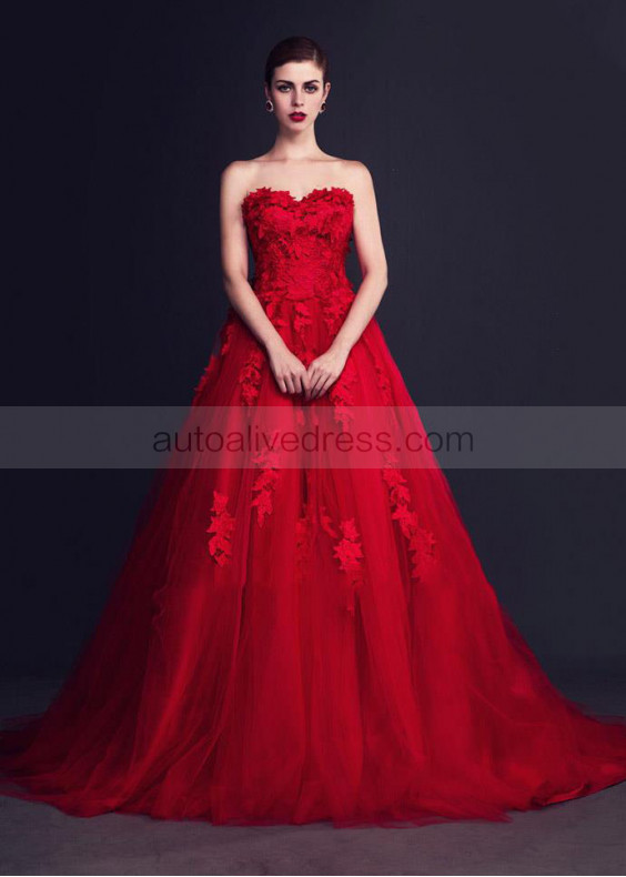 Red Lace Tulle Strapless Corset Back Long Wedding Dress